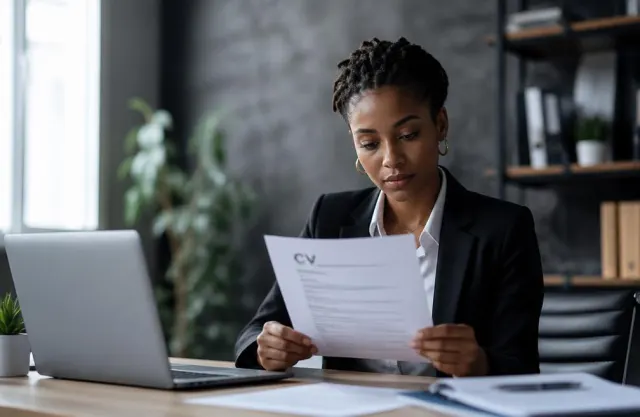 HR professional reviewing a CV at her desk