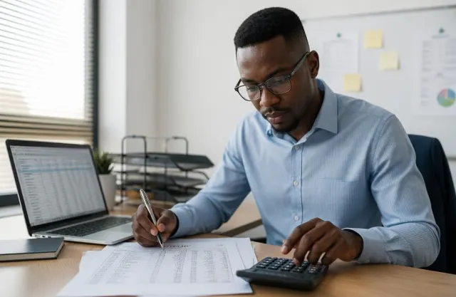 Accountant calculating payroll figures with a calculator