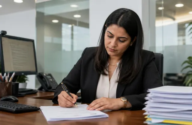 HR officer signing an official letter at her desk