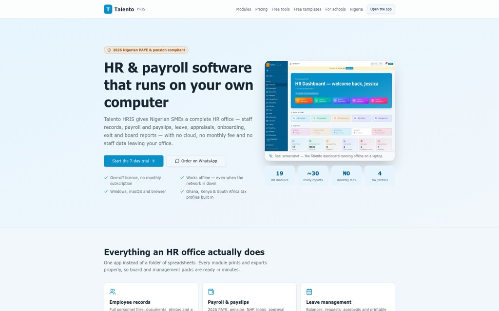 Screenshot of the Talento HRIS website showing the HR and payroll dashboard