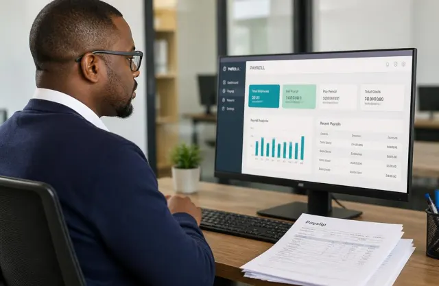 Payroll manager reviewing a payroll dashboard on screen