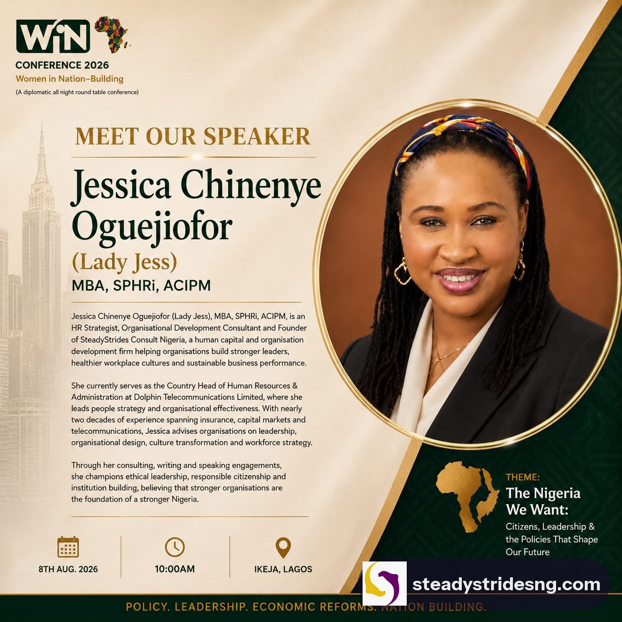 WiN Afrika Conference 2026 speaker flyer for Jessica Oguejiofor