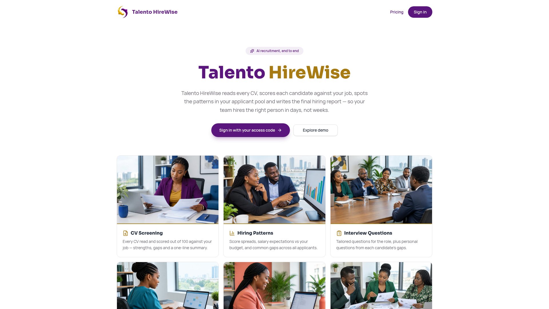 Screenshot of the HireWise AI recruitment app showing CV screening, hiring patterns and interview questions