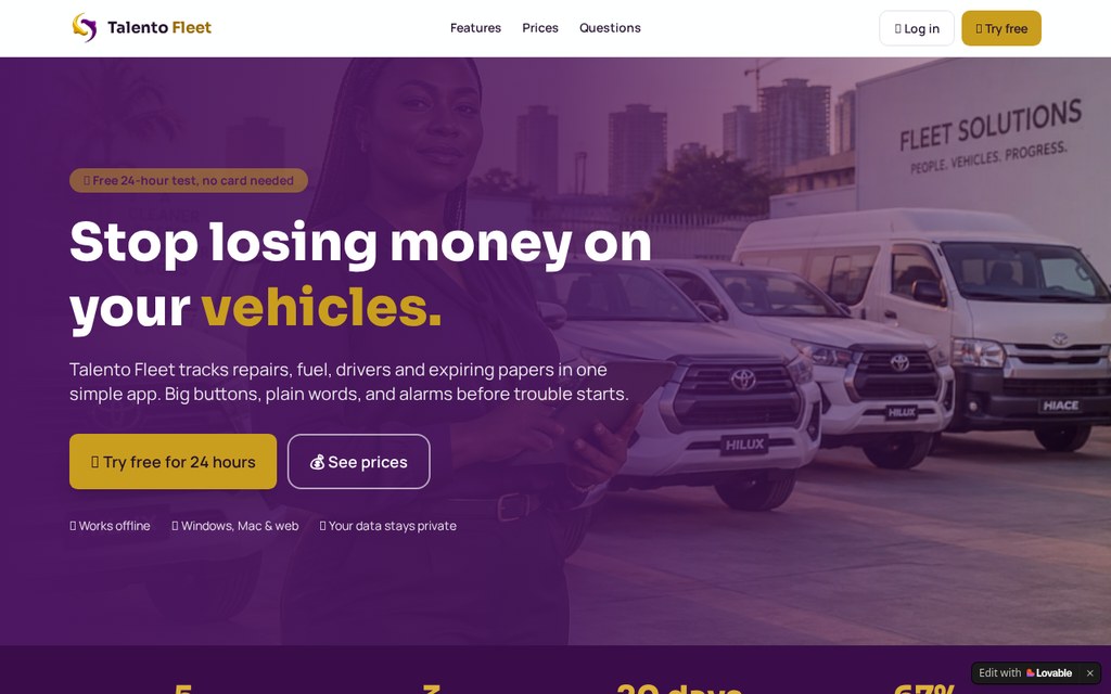 Screenshot of the Talento Fleet vehicle management app showing a company fleet