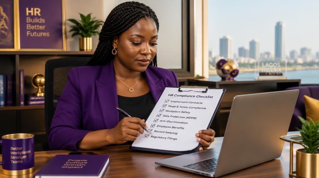 HR manager reviewing an HR compliance checklist in a Lagos office